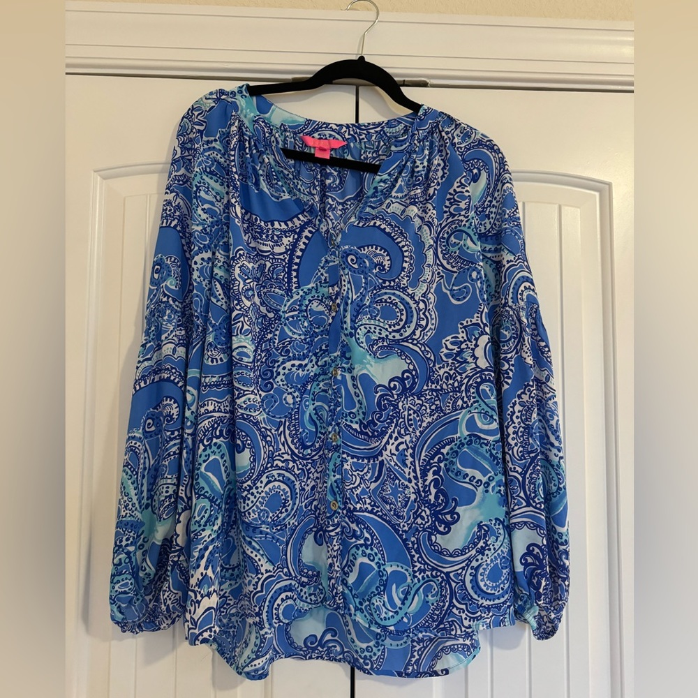 Lilly Pulitzer Anela Top Coastal Blue, Size Large